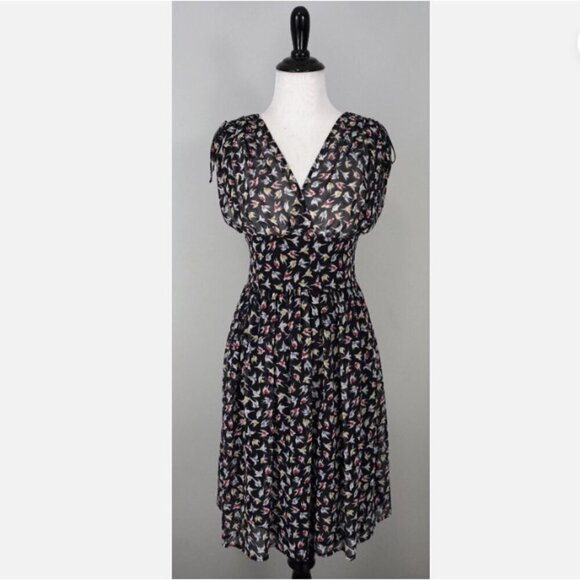 ZARA BASIC Sleeveless Ink Blue/Black Bird Print Chiffon Knee Length Dress XS - Picture 1 of 16